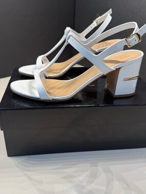 Giuseppe Zanotti White T-Strap Block Heel Sandals with Gold Accent